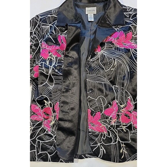 Chico's Silk Blend Jacket Pink Floral Embroidered Cropped Chico’s Size 1 US Med - Picture 7 of 14